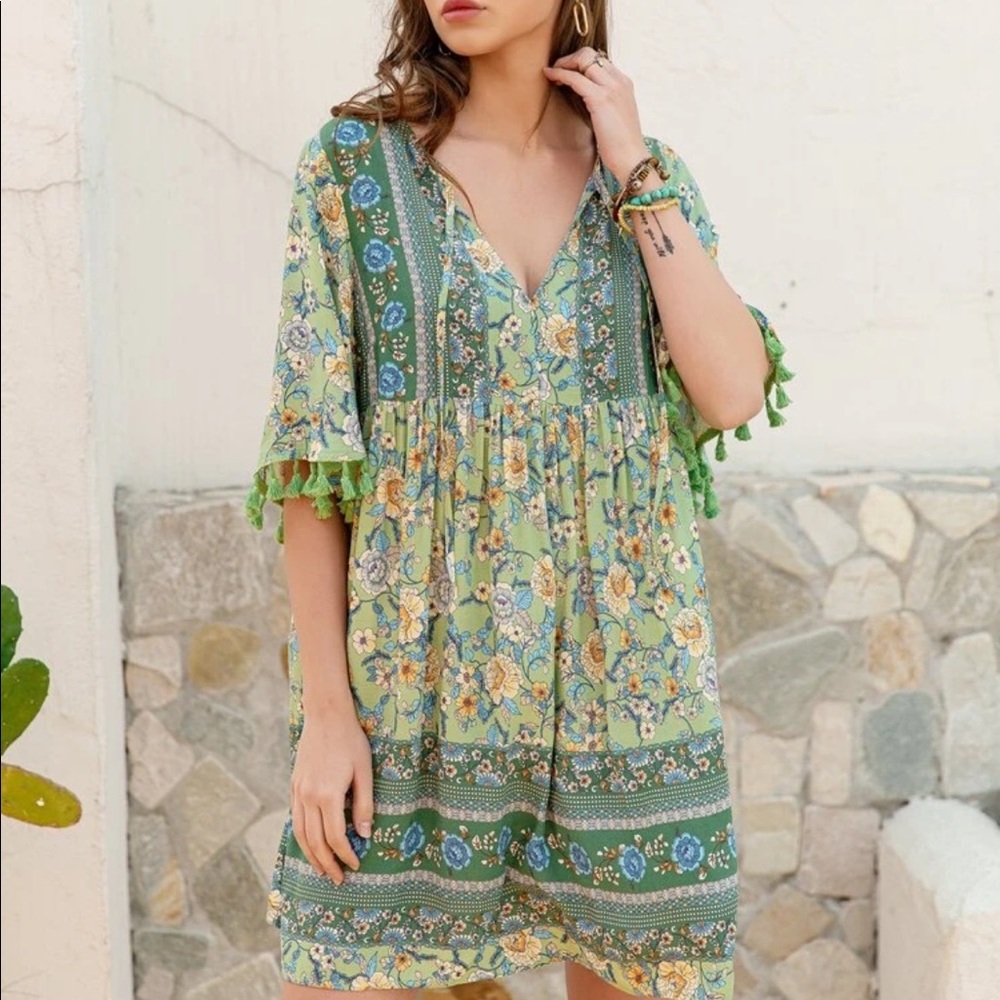 Boho floral print fringe trim dress- BLUE - Picture 12 of 14